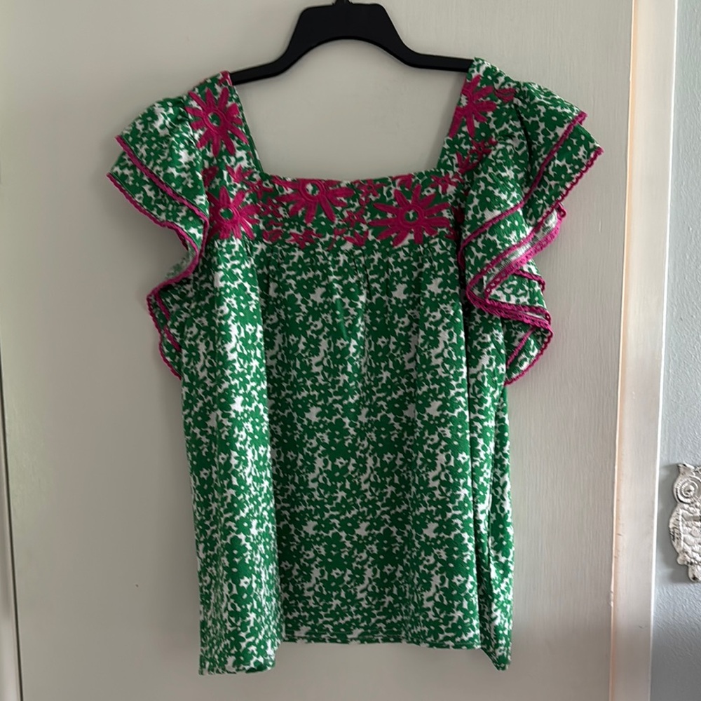 ODDY Green and Pink Ruffled Sleeveless Blouse